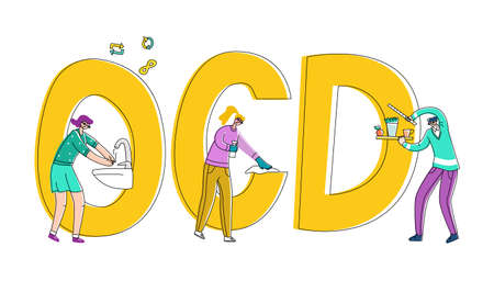 Vector flat illustration set of people who wipe dust, arrange things symmetrically, wash their hands. Symbols repetition and infinity are shown above. Concept Obsessive compulsive state or OCD.のイラスト素材