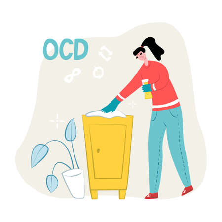 Vector flat illustration young woman who is cleaning, wiping bedside table. Symbols for repeat and infinity are shown on top. Concept obsessive compulsive disorder or OCD.のイラスト素材