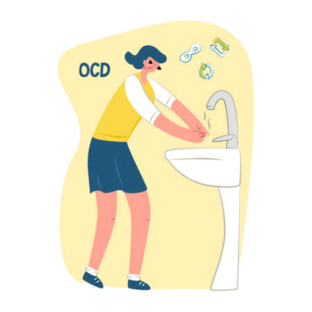 Vector flat illustration young woman washing her hands. Symbols repetition and infinity are shown on top. Concept obsessive-compulsive disorder or OCD, mental illness.Square format.のイラスト素材