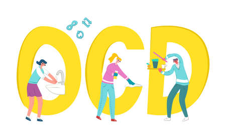 Vector flat illustration set of people who wipe dust, arrange things symmetrically, wash their hands. Symbols repetition and infinity are shown above. Concept Obsessive compulsive state or OCD.のイラスト素材