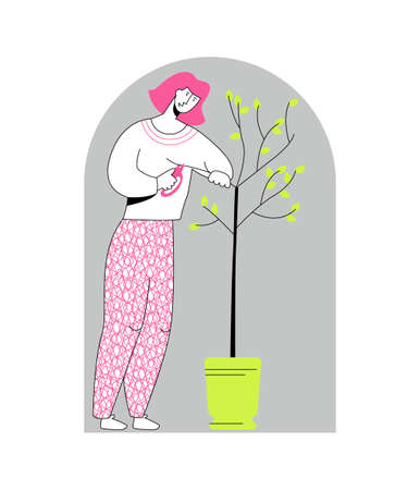 Vector flat illustration young woman cutting branches off tree with pruner. Concept gardening, care of domestic plants. You can use it in web design, banners, landing pages, postcards, etc.のイラスト素材