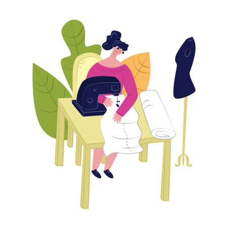 Vector flat female seamstress who is sewing clothes at her workplace. There is mannequin nearby. Concept Studio for individual tailoring, repair of clothing, tailoring, business, handmade, needlework.のイラスト素材