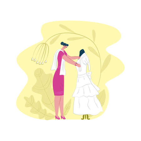 Vector flat illustration seamstress, dressmaker who works with wedding dress. Concept ordering and sewing wedding dresses, prom dresses manually, individually, ateliers, clothing repairs.のイラスト素材