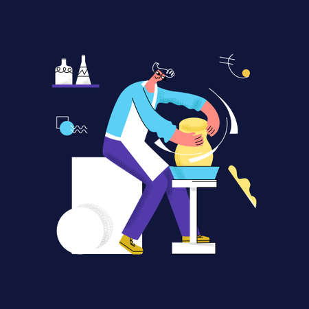 Vector flat illustration with male potter who makes pitcher, vase. Concept of Handicrafts, pottery, handwork, production, craft, handmade. It can be used in web design, banners, advertising, etcのイラスト素材