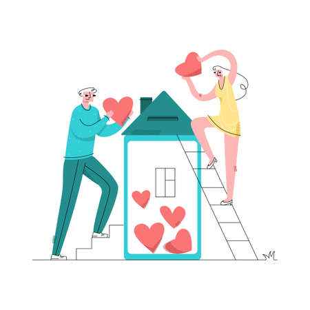 Vector abstract, flat illustration with young couple who puts hearts in moneybox, house.のイラスト素材