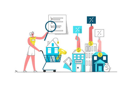 Vector flat illustration with happy young woman under magnifying glass considers an offer from banks to get mortgage, loan.のイラスト素材