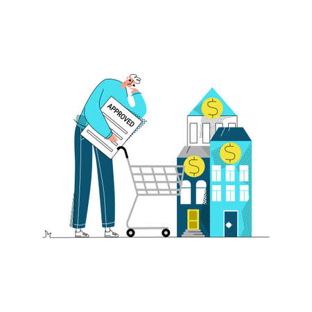 Vector flat illustration with young man who has received approval for mortgage and chooses house or apartment to buy.のイラスト素材
