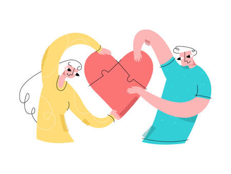 Vector flat illustration young happy couple in love, man and woman who put together puzzle in form of heart.のイラスト素材