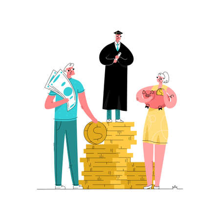 Vector flat illustration graduate school or University, who in uniform stands on stack coinsのイラスト素材