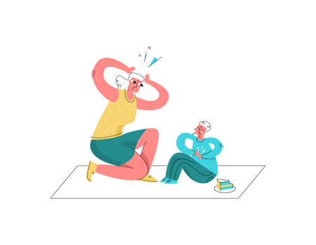 Vector flat scared mother who does not know what to do with child who has stomach ache after eating.のイラスト素材