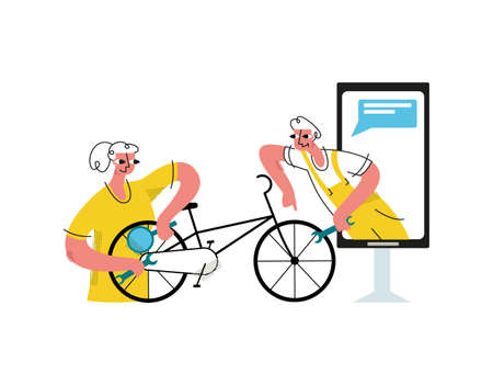 Vector flat illustration woman repairing Bicycle. It helps in this online repair application. It can be used in web design, banners, business cards, etc.のイラスト素材