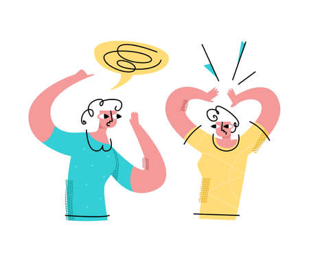 Vector flat illustration communication, gossip, friends, two women about different things. One whispers something in other s ear. Concept information exchange, misinformation, secrets, public news.のイラスト素材