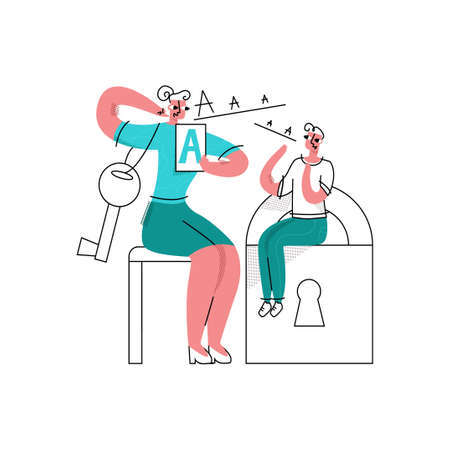 Vector flat illustration speech therapist session with child. Abstract lock and key are shown as symbol of solving problem. It can be used in web design, banners, postcards, etc.のイラスト素材