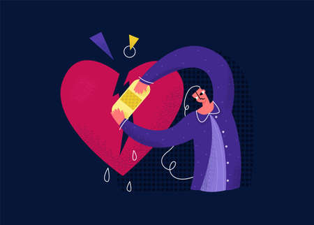 Vector flat abstract young woman who is going through relationship breakup in form of broken heart. She uses plaster to glue two halves together. Concept working on relationships, psychological help.のイラスト素材