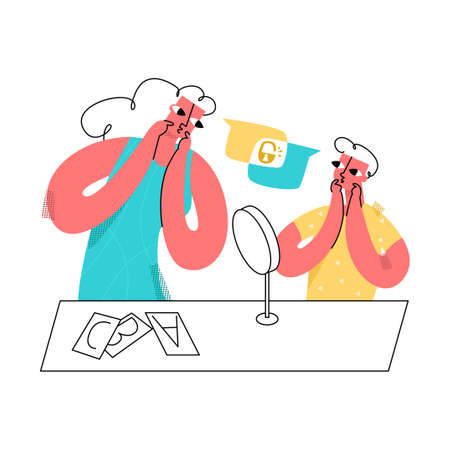 Vector flat illustration work of child speech therapist. She conducts treatment session with child in office. Concept speech disorders, dysarthria, alalia, brain diseases, developmental disorders.のイラスト素材