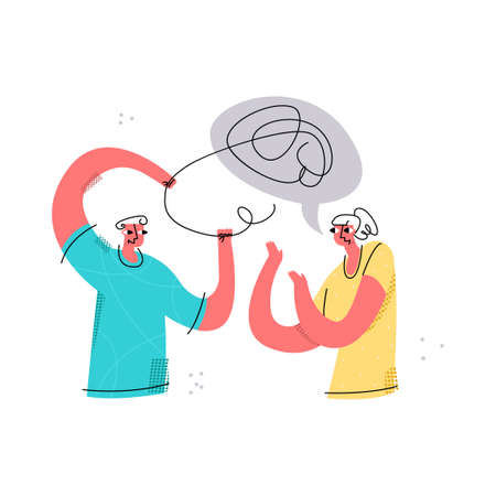 Vector talking couple. Man can t understand what his girlfriend is talking about. It parses her speech metaphorically as unraveling of tangle. Concept communication, friendship, understanding.のイラスト素材