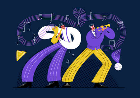 Vector flat illustration with jazz performers performing at concert. Two men play trumpet and saxophone. Musical instruments are represented abstractly as notes. Concept entertainment, art, recreationのイラスト素材