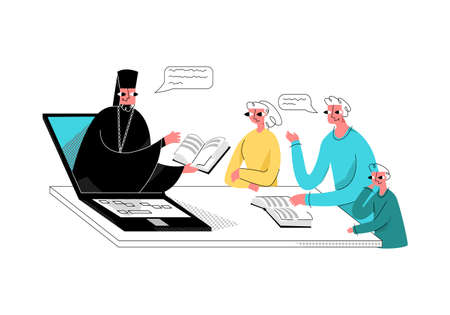 Vector flat illustration with family listening to sermon and Bible reading by Orthodox priest, which is abstractly shown from laptop. Concept religion online, teaching spiritual teaching on Internet.のイラスト素材