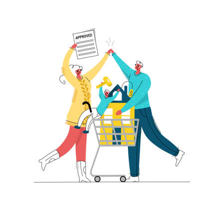 Vector flat illustration young happy family with child who received approval for mortgage. They carry an abstract house in grocery basket. A man and a woman high five each other. They are happy to buyのイラスト素材