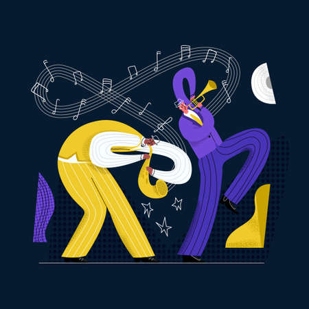 Vector flat illustration musicians who perform on stage and play jazz on saxophone and trumpet. Concept of music festivals, retro music, performances, concerts, classics.のイラスト素材