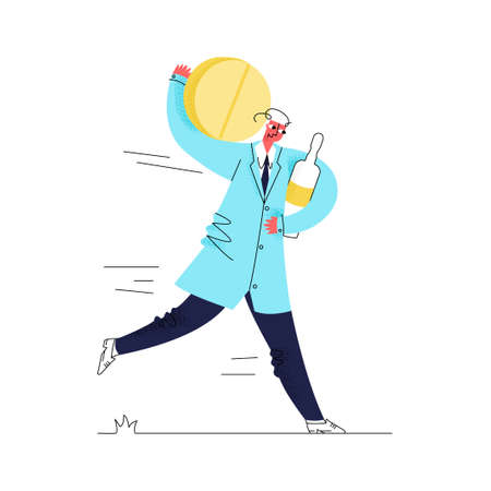 Vector flat illustration happy, hurrying, running doctor who is holding medicines in his hands. Concept emergency care, fast, treatment, pharmaceuticals. It can be used in web design, banners, etc.のイラスト素材