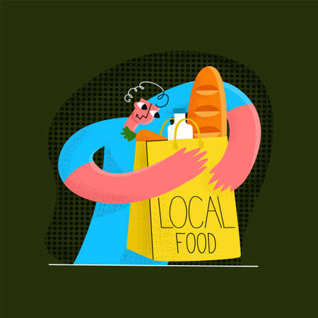 Vector flat illustration young happy man holding bag of purchased local food. Concept farm, natural, local products. It can be used in web design, banners, landing pages, etc.のイラスト素材