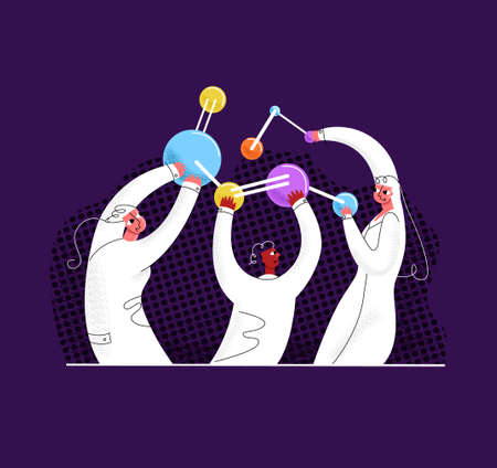 Vector flat illustration happy scientists holding, assembling enlarged abstract molecule. Concept discoveries in science, medicine, pharmacy, chemistry, as well as development, research, experiments.のイラスト素材