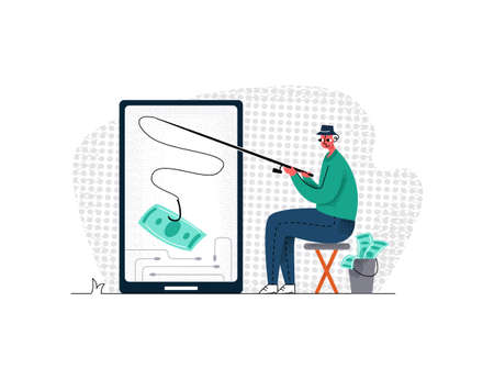 Vector flat illustration metaphor with man who is fishing for bills of money from mobile phone. Concept earning and working online, freelancing, remotely, cash winnings via Internet.のイラスト素材