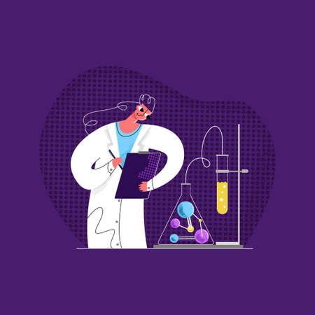 Vector flat illustration young female scientist who analyzes result of laboratory study on discovery of new chemical compound.のイラスト素材