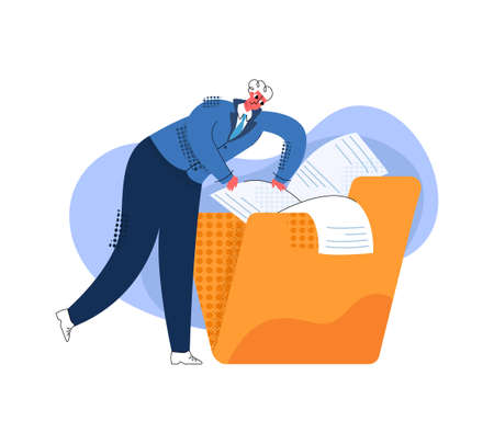 Vector flat illustration of worker with folder, looking for document in mess. Concept storing and structuring archived information. It can be used in web design, banners, etc.のイラスト素材