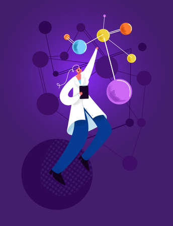 Vector flat illustration of metaphor with scientist woman who is drawn to new substance molecule. Concept discovery, development, laboratory research, scientific research, work.のイラスト素材