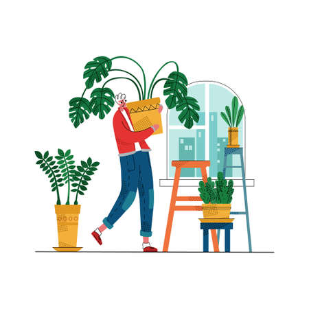 Vector flat illustration man who rearranges flowers at home, deals with domestic plants. Concept gardening, household chores, leisure, etc. It can be used in web design, banners, social networks, etc.のイラスト素材