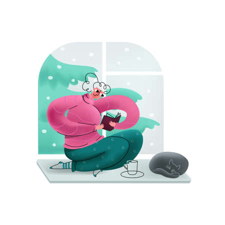 Vector young woman reading book and sitting with cat on windowsill against background of window that shows winter in form of falling snow and branches Christmas tree. Mixing flat, 3D styles.のイラスト素材