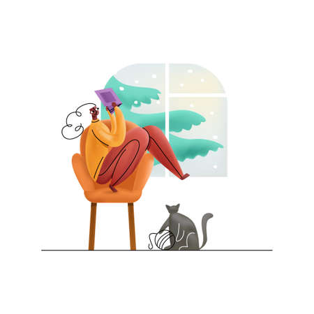 Vector young woman sitting on chair with legs and reading book. Window shows winter in form of falling snow and Christmas tree. On floor, cat plays with yarn. Mix of 3D, flat styles.のイラスト素材