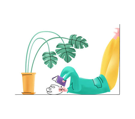 Vector illustration young woman lying on her back upside down on floor and reading book with inspiration. Concept learning, recreation, comfort. Mixing flat and 3D styles.のイラスト素材