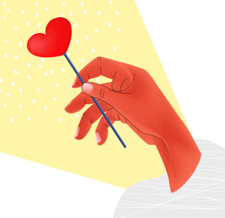 Vector illustration isolated hand with Lollipop in shape of heart on abstract background. 3D and flat. Concept Valentine s Day, love, greetings. You can use it in postcards, as element web design, etcのイラスト素材