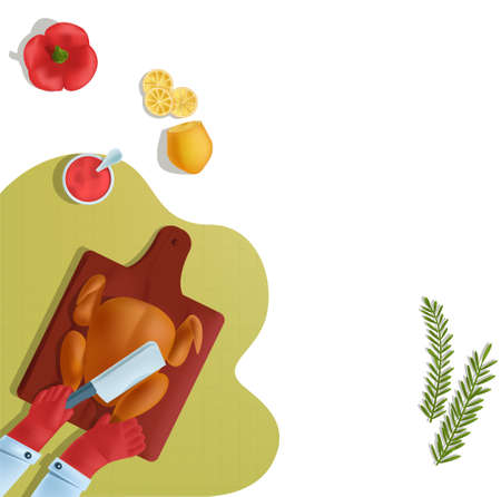 Vector illustration template for design of landing page, banner, etc. in concept cooking, recipes, restaurant business. It shows elements chicken cooking process against background vegetables, spices.のイラスト素材