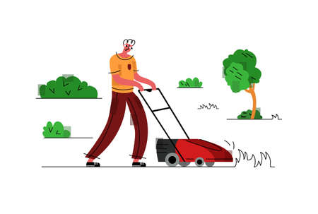 Vector flat illustration man who levels lawn with lawn mower. Mow grass. Concept care for garden plot, garden works and equipment. It can be used in web design, banners, etc.のイラスト素材