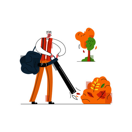 Vector flat illustration with man who removes fallen autumn leaves using vacuum cleaner blower. Concept cleaning backyard, working as janitor, caring for park, public places for recreation.のイラスト素材