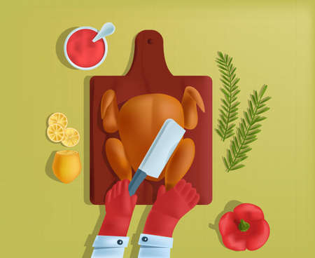 Vector cooking process of chicken on background of kitchen table, bell pepper, rosemary sprigs, tomato sauce, sliced lemon. View from the top. 3D style. It can be used in web design, banners, etc.の写真素材