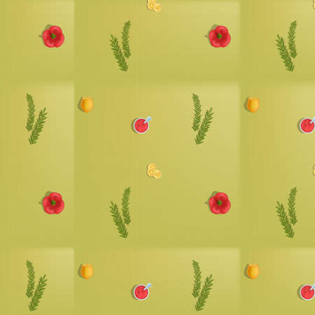 Vector pattern of products, which includes lemon, rosemary sprigs, bell pepper, tomato sauce, top view, 3D. It can be used in textiles, wrapping paper, background in web design with culinary concept.の写真素材