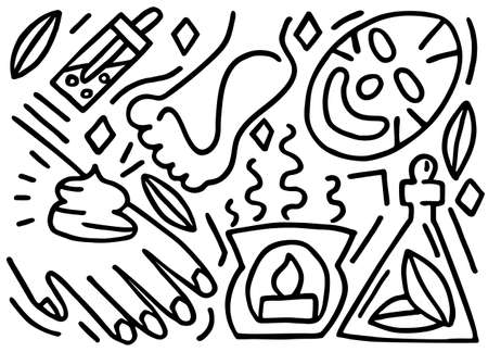 Vector illustration with doodles on theme of spas, beauty salons, facials, pedicures, manicures. Individual elements from this concept are shown. Can be used in web design, etc.のイラスト素材