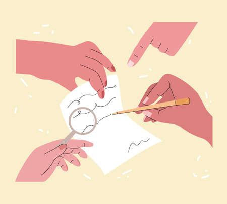 Vector abstract illustration with hands that sign and check document. The way of turnover documents, amendments, and revisions is shown. It can be used in web design, banners, etc.のイラスト素材