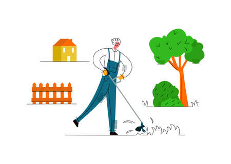 Vector flat illustration man who levels lawn with lawn manual mower. Mow grass. Concept care for garden plot, garden works and equipment. It can be used in web design, banners, etc.のイラスト素材