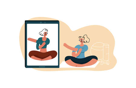 Vector illustration woman doing exercises. It is under guidance of online trainer. Concept of healthy lifestyle, Pilates, workout. It can be used in web design, banners, etc.のイラスト素材