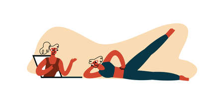 Vector illustration woman doing exercises. It is under guidance of online trainer. Concept of healthy lifestyle, Pilates, workout. It can be used in web design, banners, etc.のイラスト素材