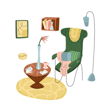 Vector illustration with home furniture. An armchair, coffee table, shelf for books, floor lamp, paintings, etc. are depicted. Concept of interior design, comfort, home, recreation.のイラスト素材