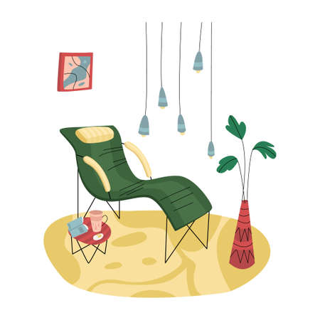 Vector illustration with home furniture. An armchair, coffee table, lamps paintings, etc. are depicted. Concept of interior design, comfort, recreation.のイラスト素材