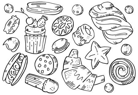 Vector doodles on theme of confectionery, bakery, sweets, bakery products. Pictured is pie, cupcake, croissant, cookie, etc. You can use individual items from collection, or full fledged image.のイラスト素材