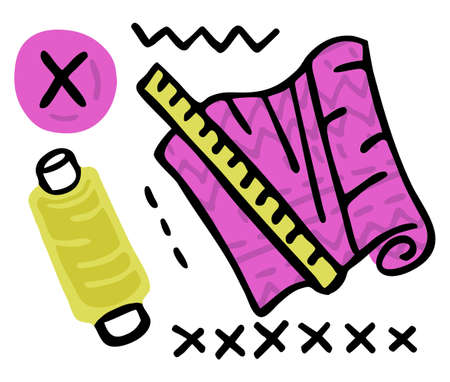 Vector illustration on sewing, tailoring, clothing repair, Atelier. An abstract skein of thread, roll fabric, ruler, button, stitch. Can be used as separate elements in composition.のイラスト素材